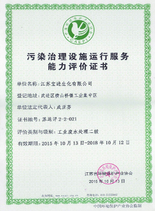 污染治理設施運行服務(wù)能力評價(jià)證書(shū)